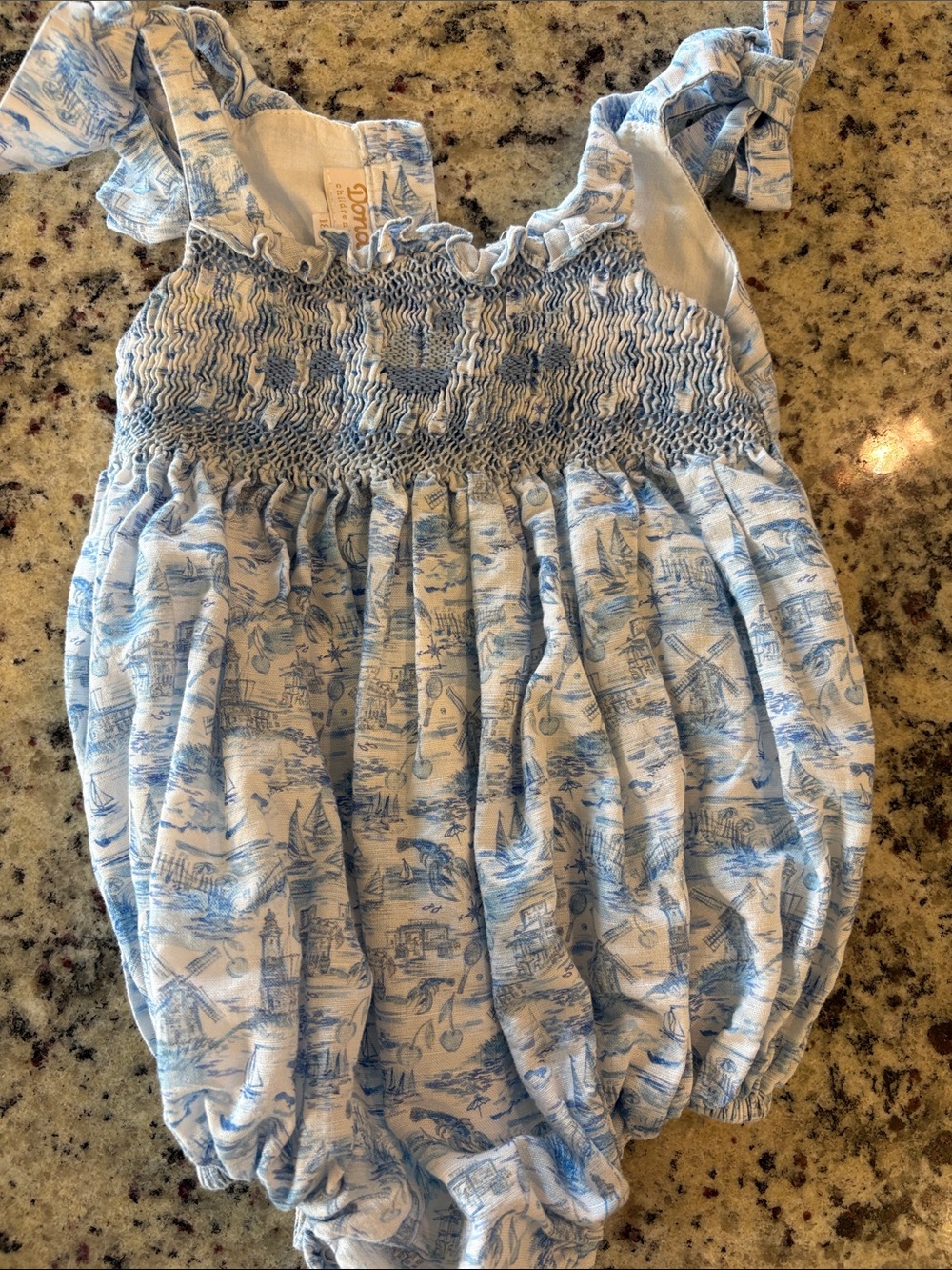 Blue and white smocked with tie shoulders